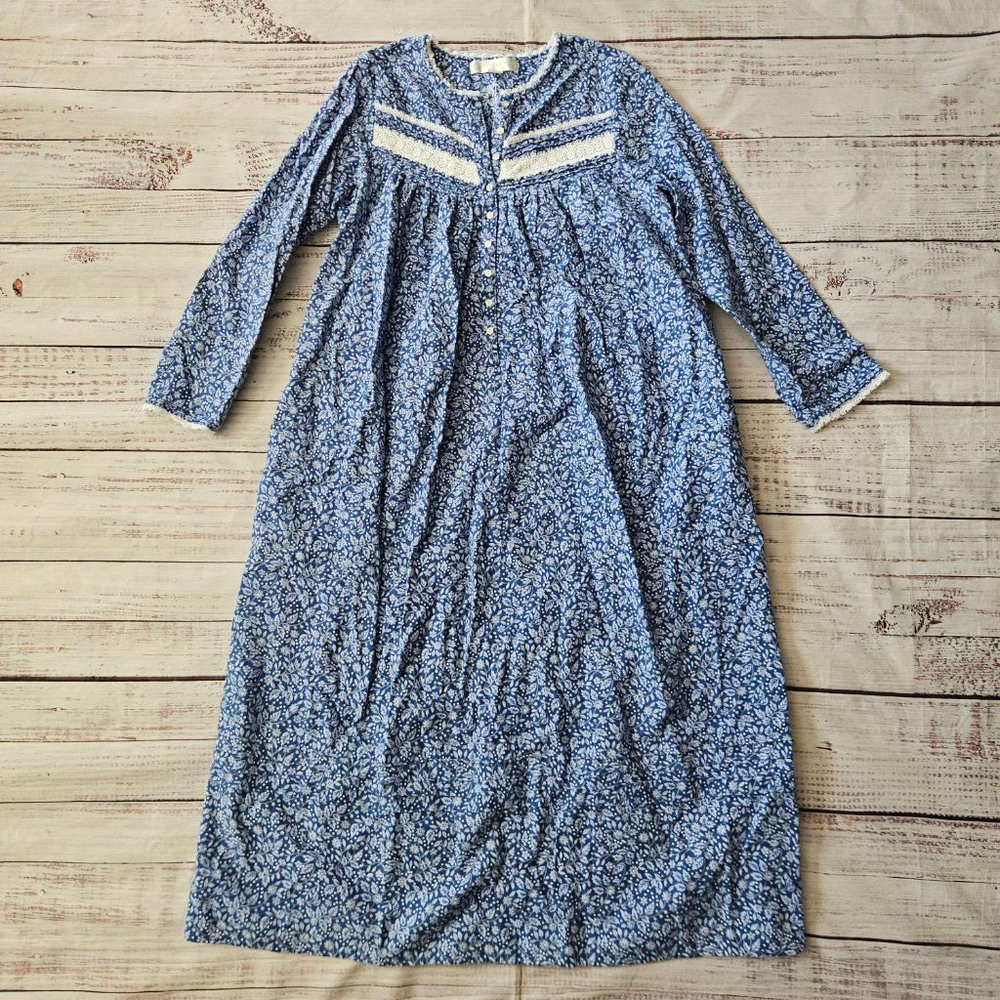 Eileen West Blue Leaf Print Lace Trim Grannycore Night Gown Womens Small